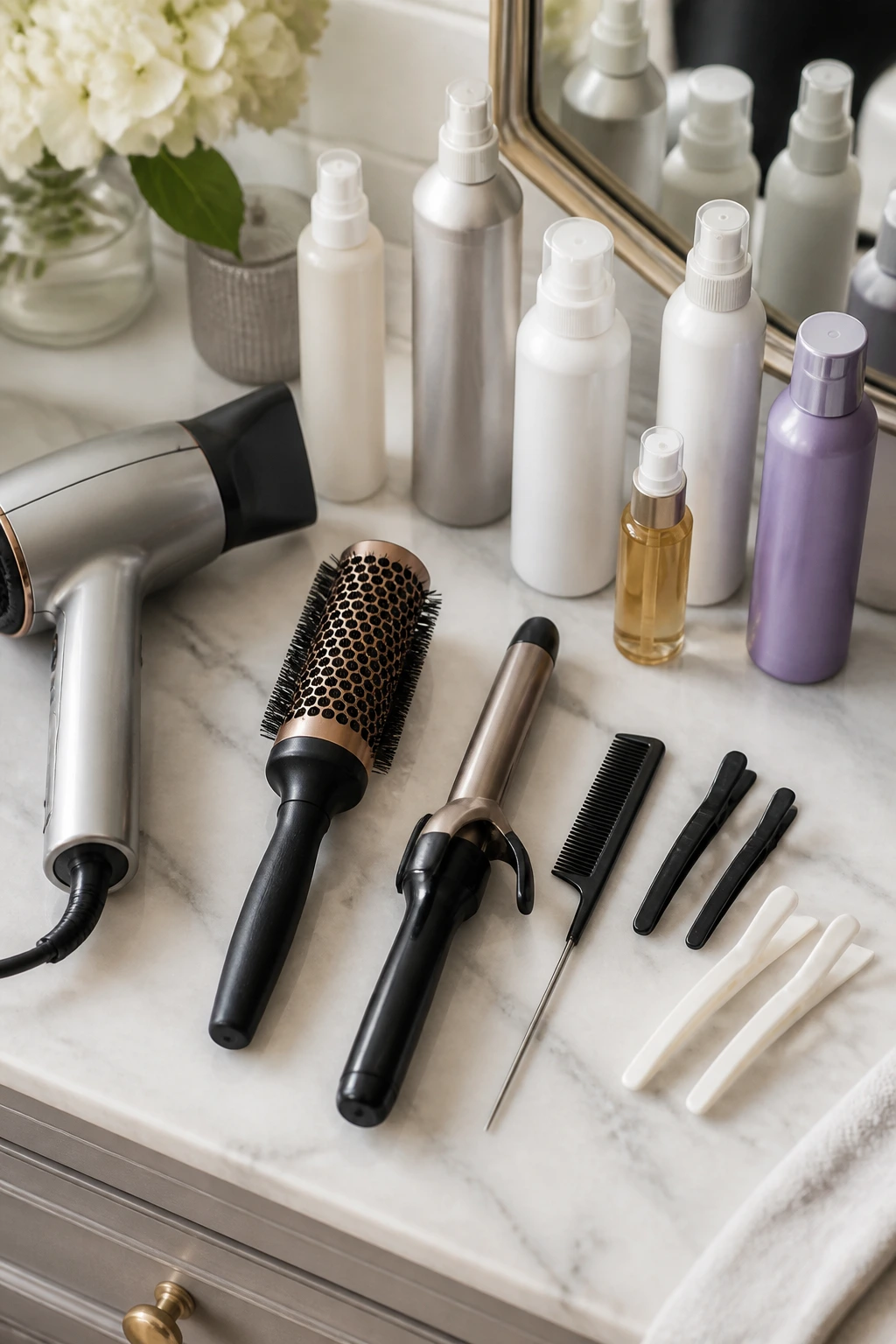 Top-down view of uncluttered hair-lob tools and products on a bright vanity