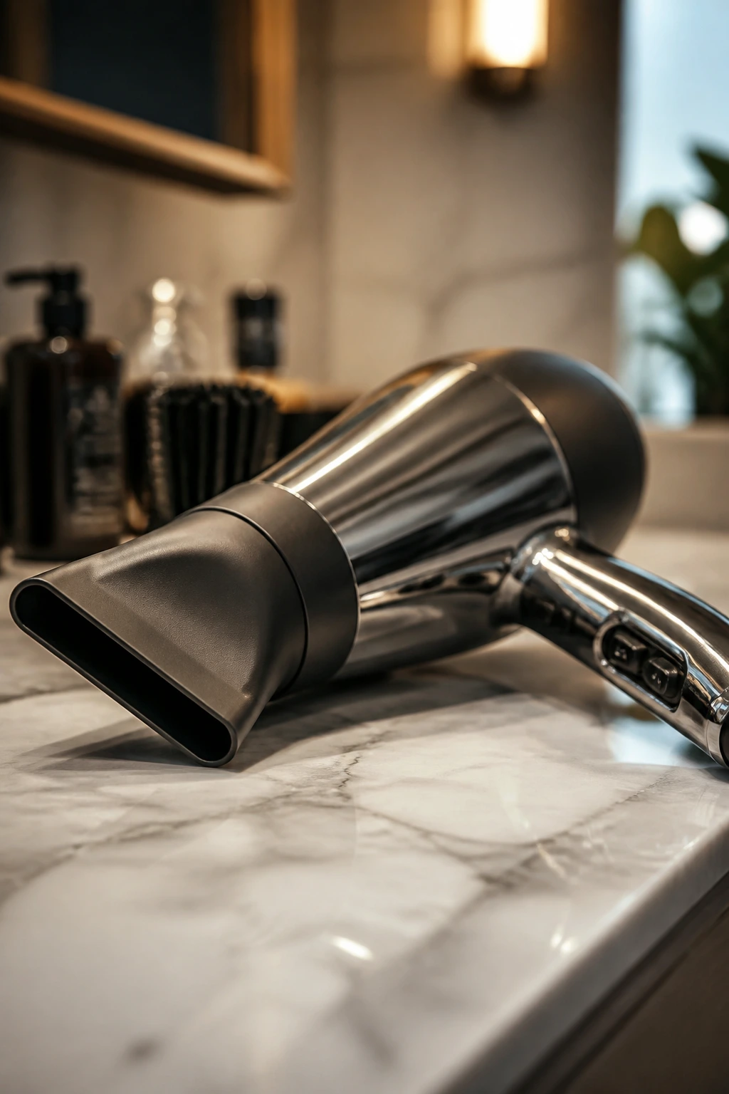 Close-up of a hair dryer with concentrator nozzle on a bathroom counter