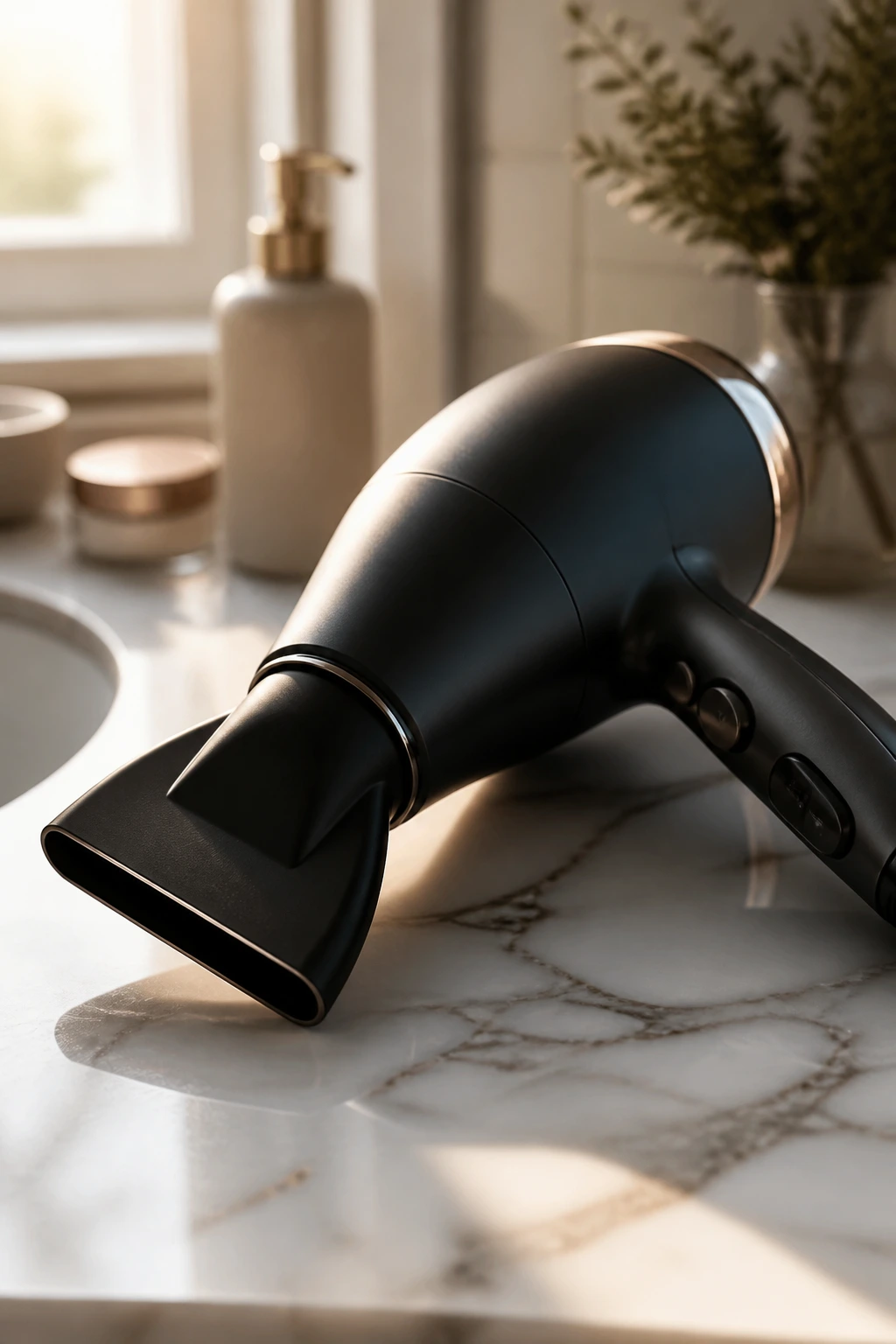 Close-up of a blow dryer with nozzle on a marble bathroom counter with warm light