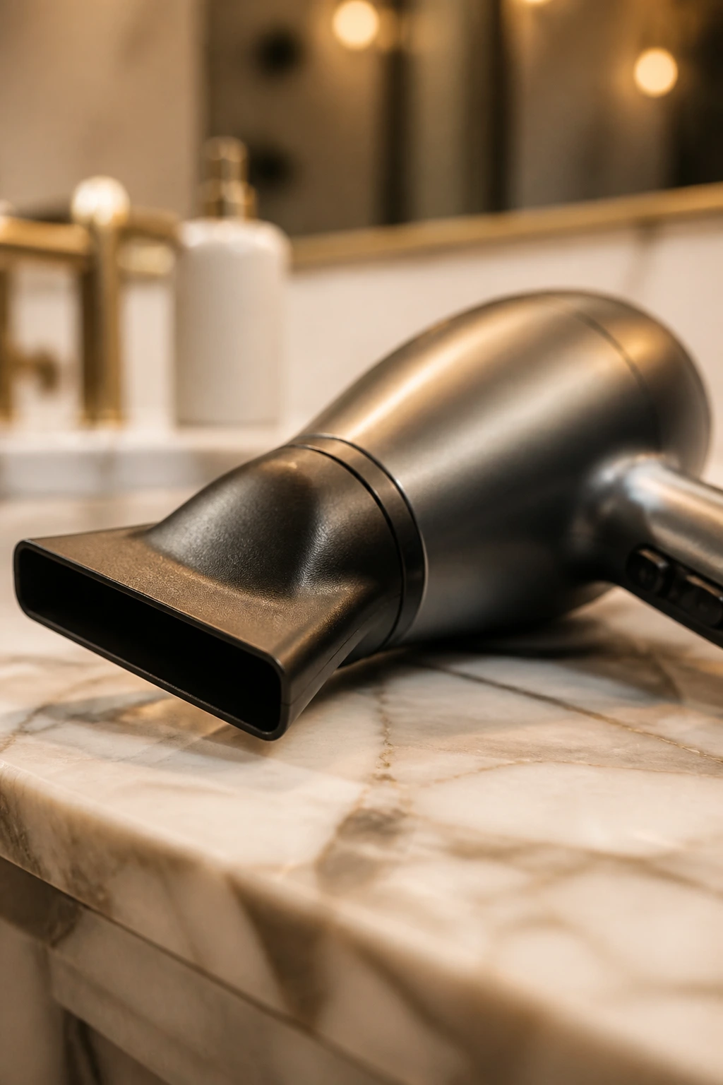Close-up of a hair dryer nozzle on a bathroom counter