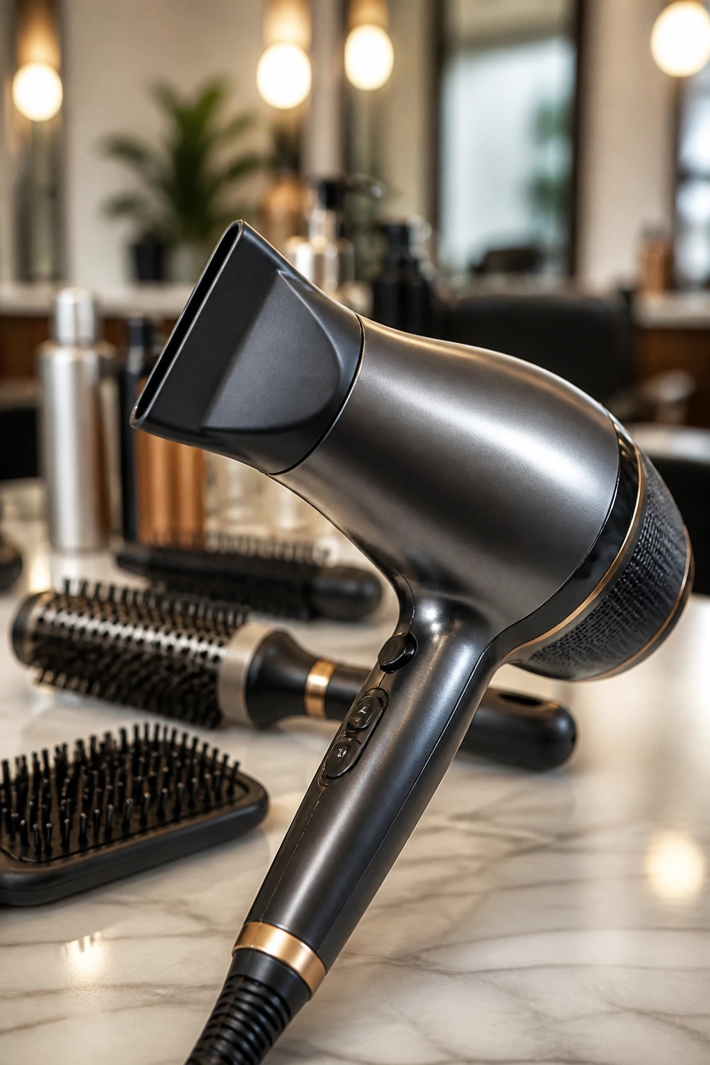 Close-up of a professional hair dryer with nozzle in a salon setting