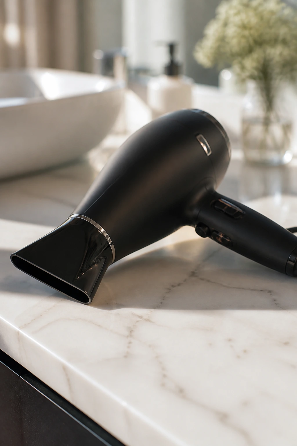 Close-up of a hair dryer with concentrator nozzle on a bathroom counter