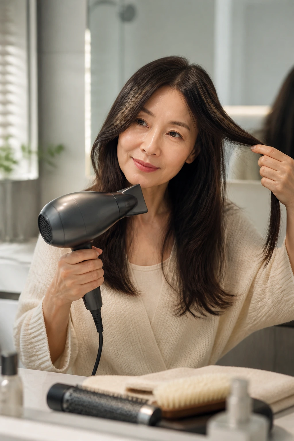 Woman styling fine hair at home with a hair dryer