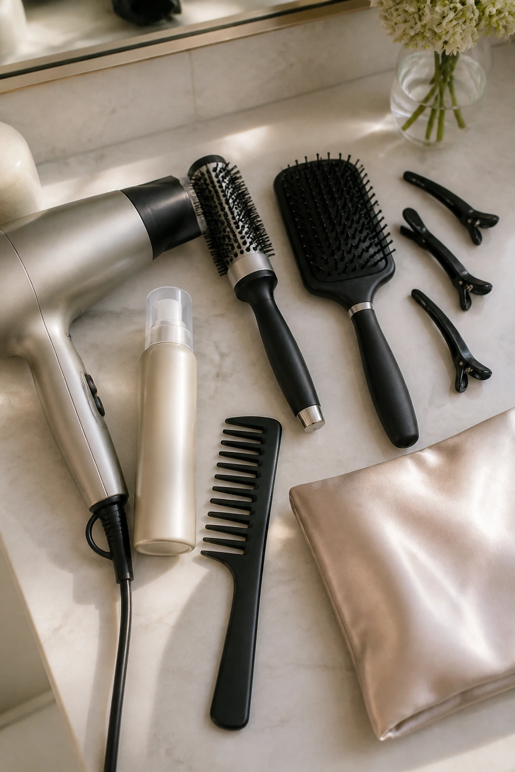 Top-down view of hair care tools neatly arranged on a vanity