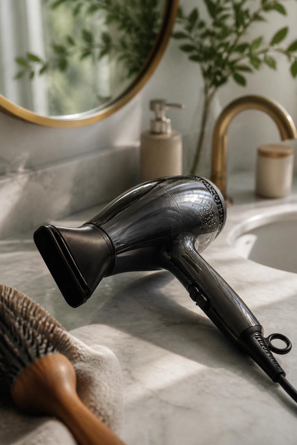 Hair dryer with concentrator nozzle on bathroom counter