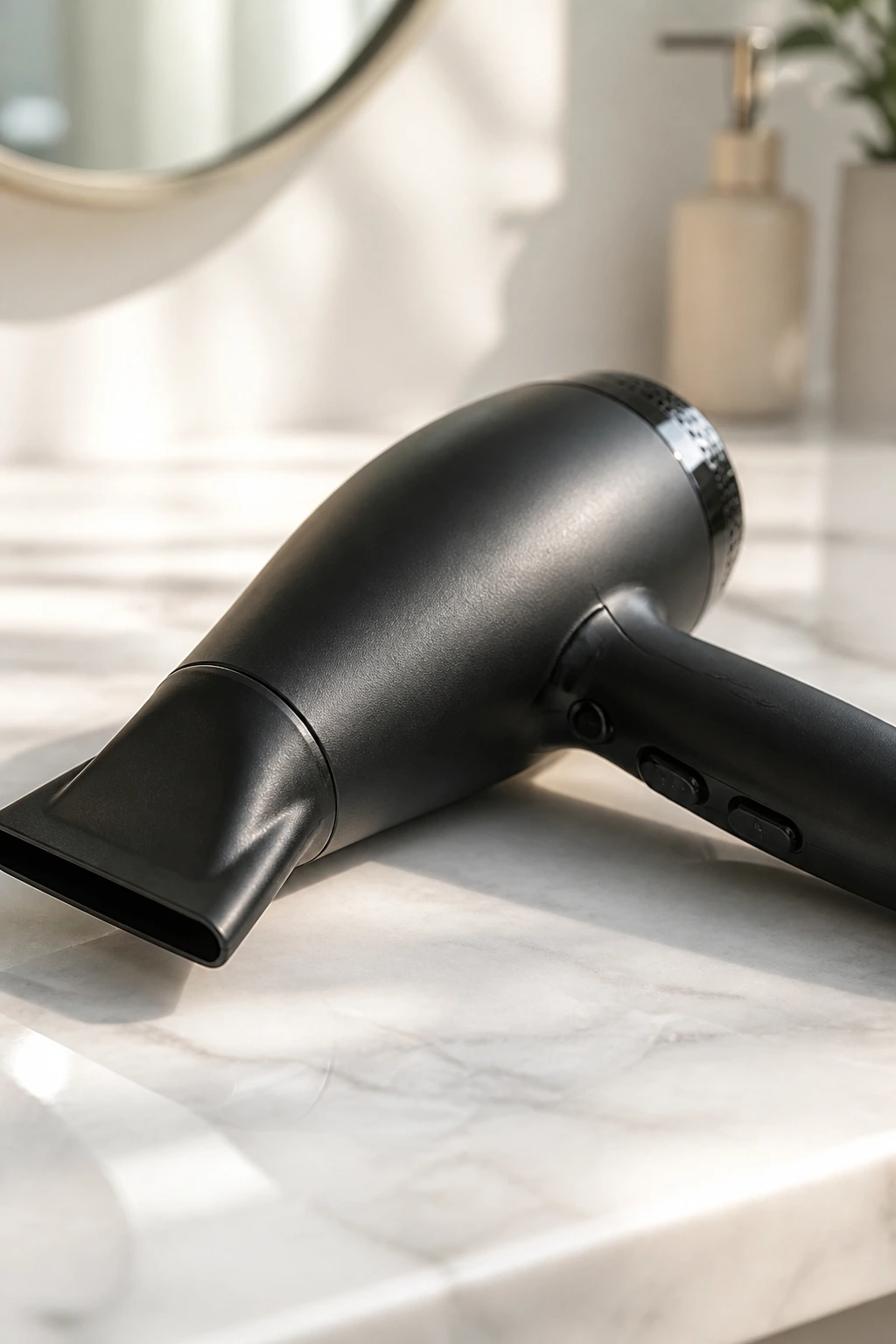 Close-up of a blow-dryer with concentrator nozzle on a bathroom counter