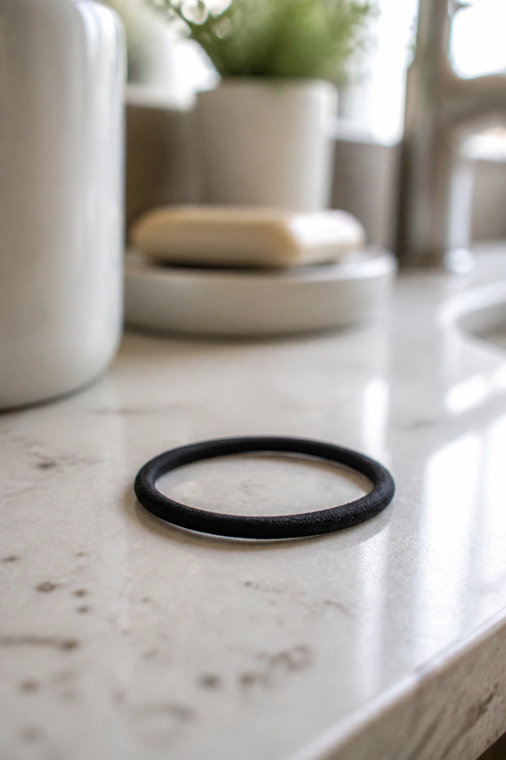 Close-up of a slim matte-black hair elastic on a bathroom counter