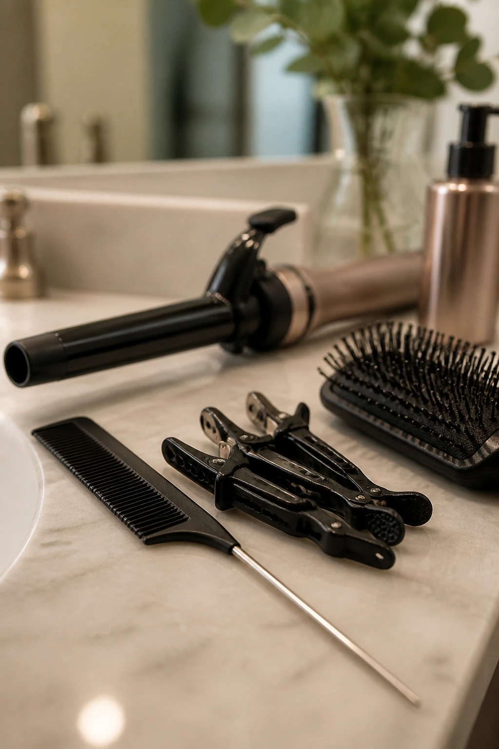 Close-up of rat-tail comb and sectioning clips on a vanity for blending extensions
