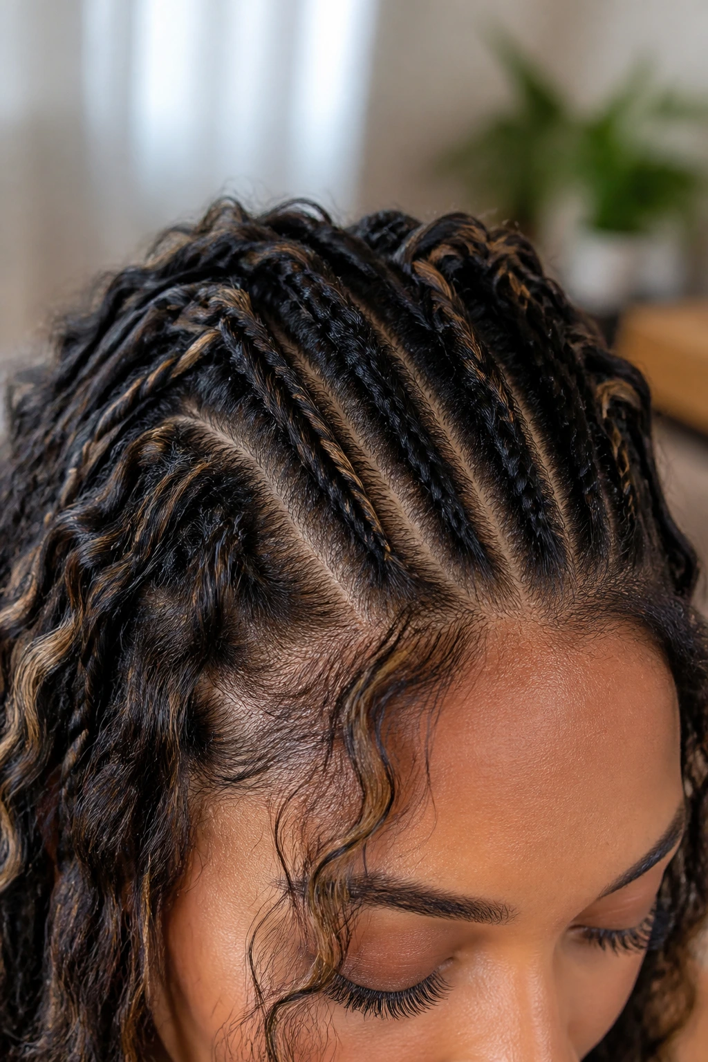 Close-up of crown blending natural hair with extensions and loose waves