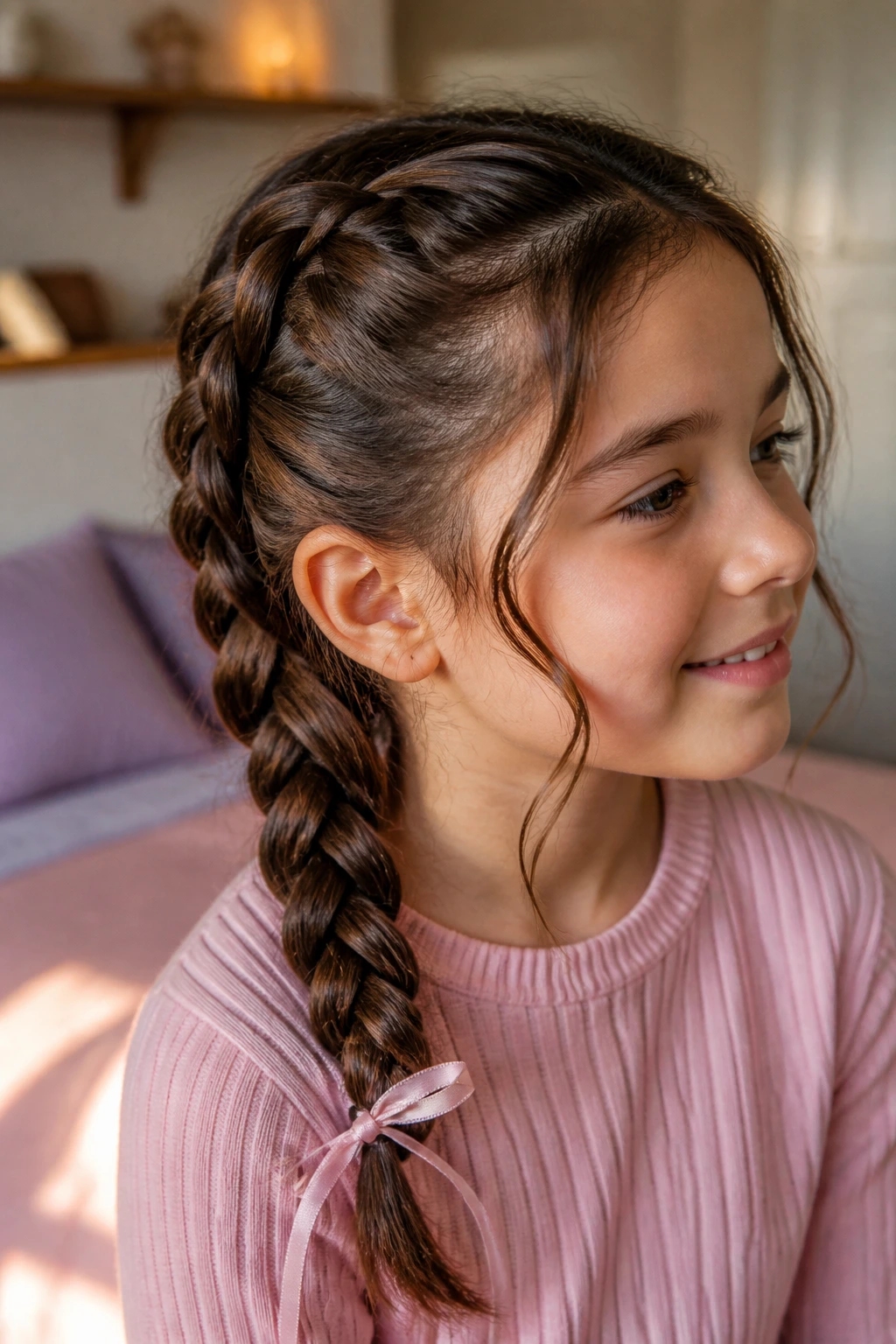 Real child with finished braid featuring ribbon detail.