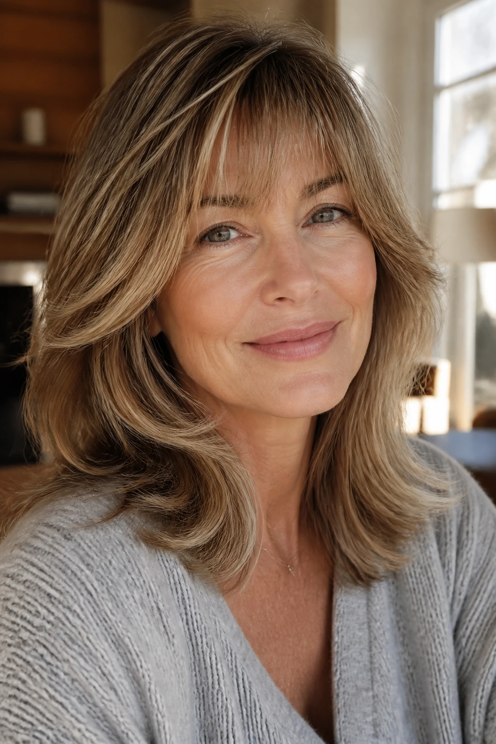 Close-up portrait of a woman with soft, face-framing hair around the cheeks and jaw