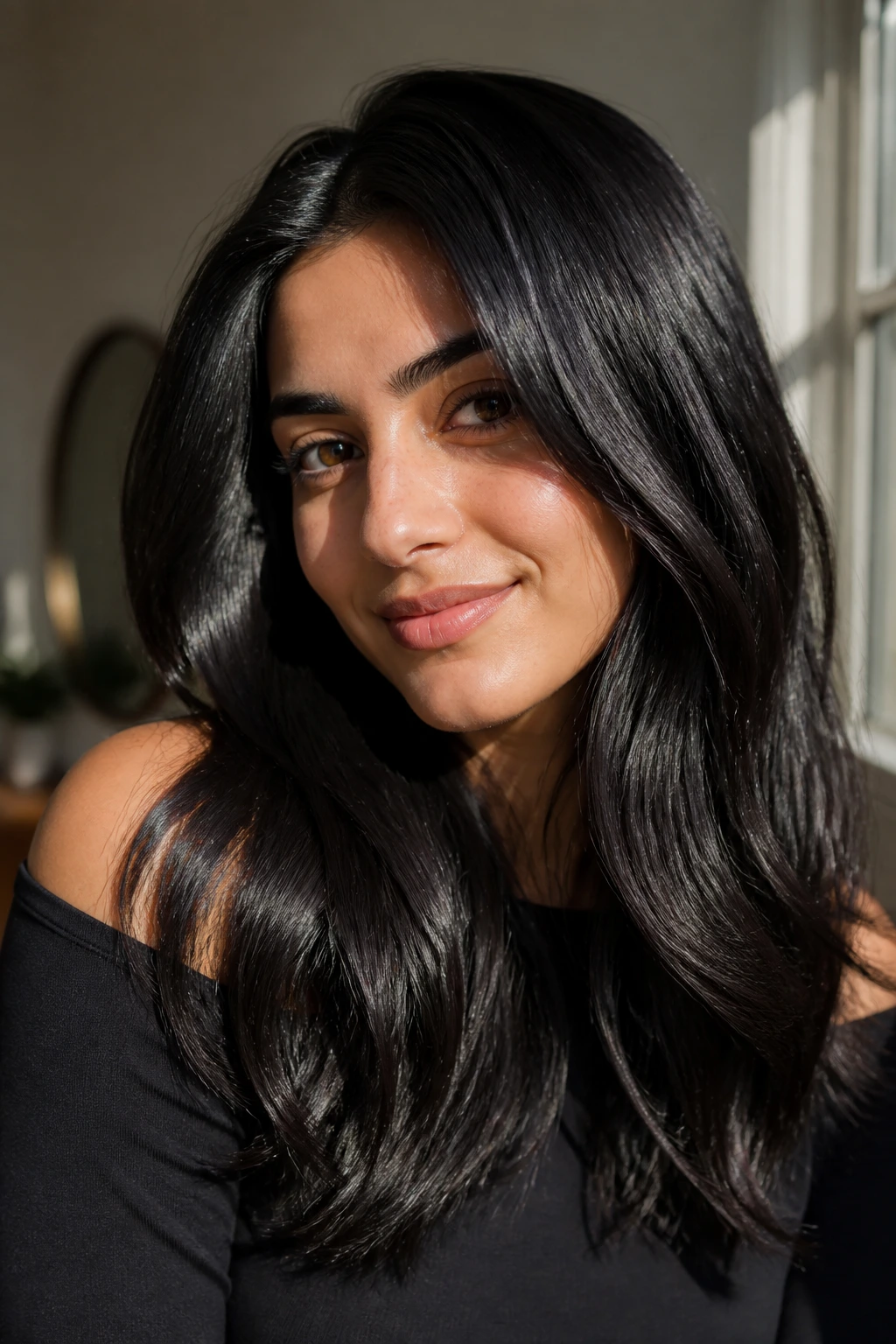 Portrait with glossy black hair catching side light