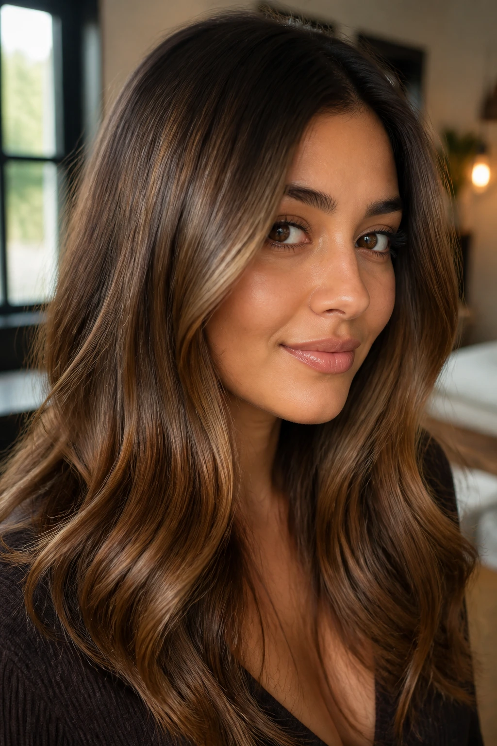 Close-up of olive-skinned person with glossy caramel highlights and warm tone