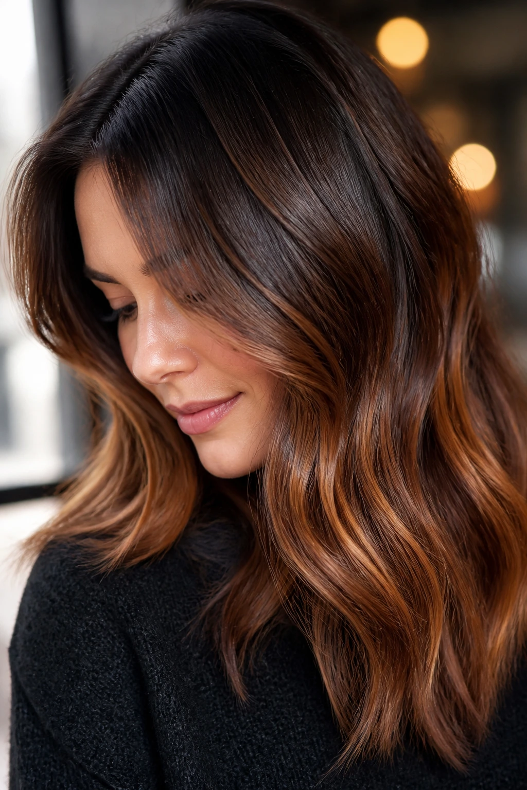 Brunette with shiny coppery strawberry tones.