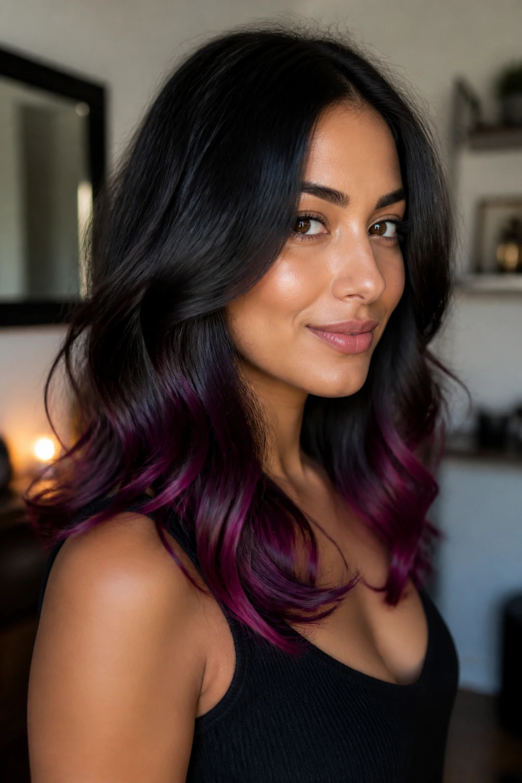 Real person with glossy black hair and colorful tips