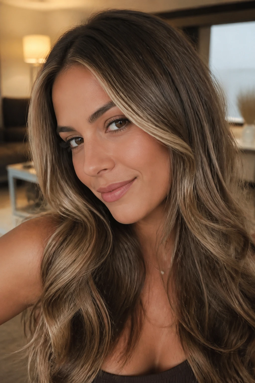 Close-up of glossy brunette-blonde hair with subtle face-framing highlights