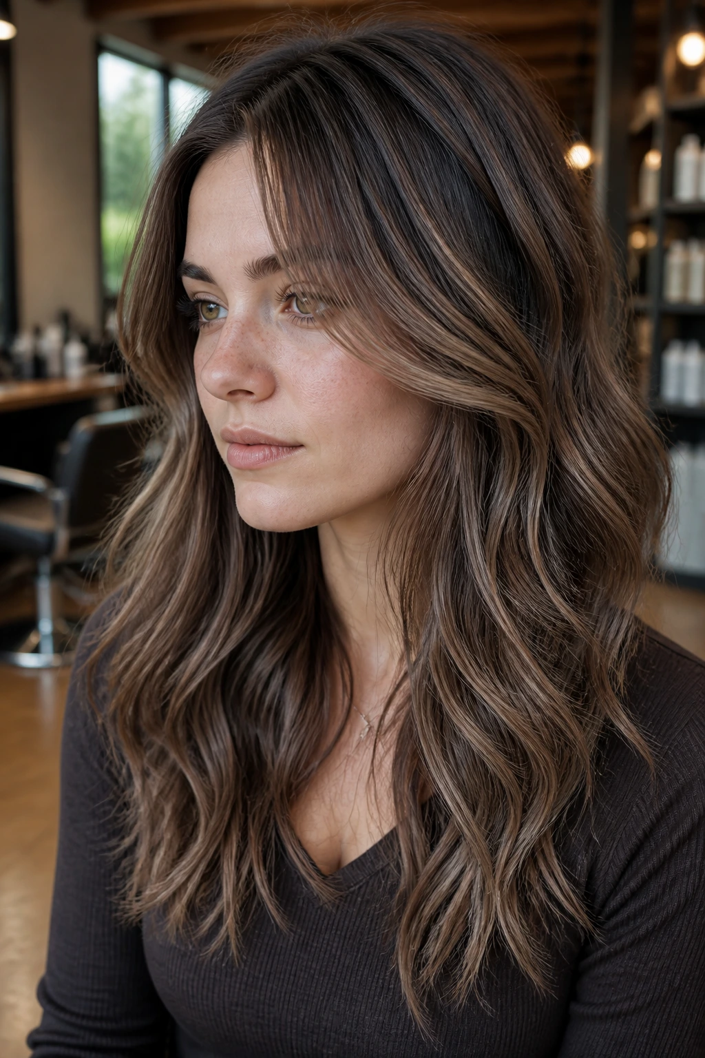 Portrait of a real person with mushroom taupe and ash hair highlights showing variation