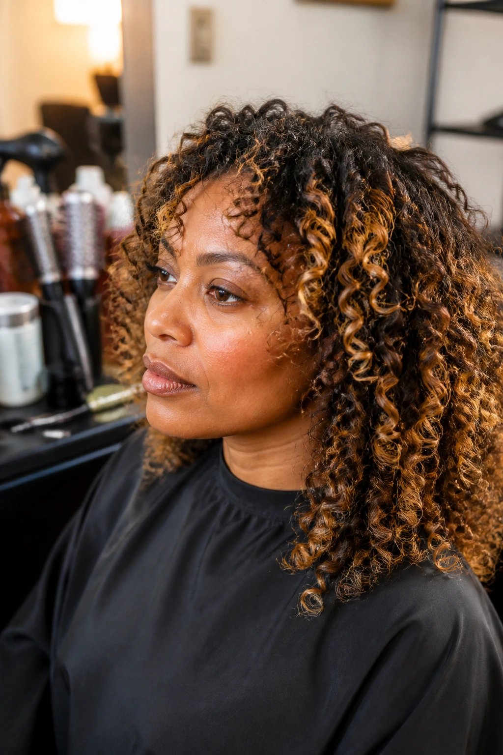Portrait with hair highlight focus and blurred tools in background