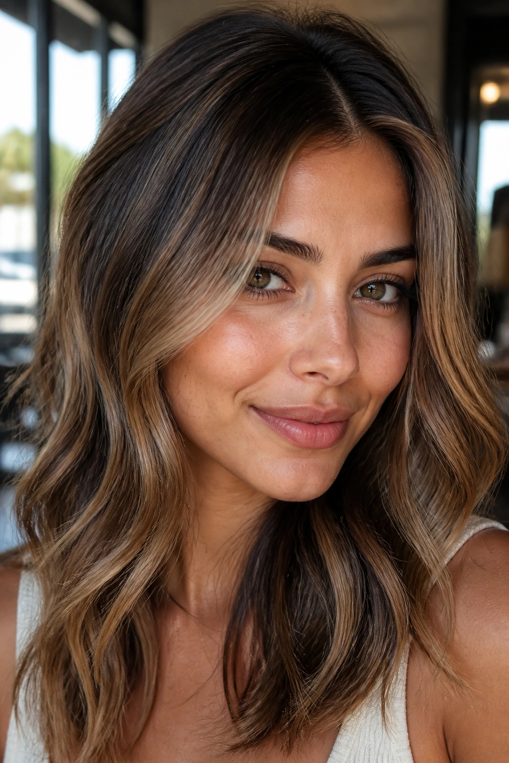 Close-up of olive-skinned woman with beige-blonde highlights placed below the part line