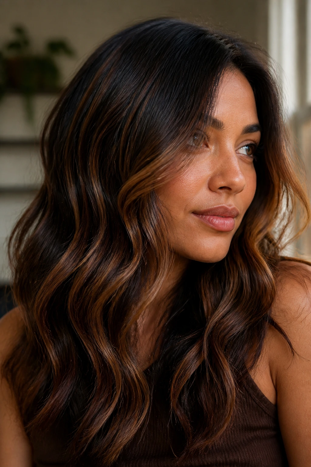 Brunette with loose waves showing highlighted ribbons