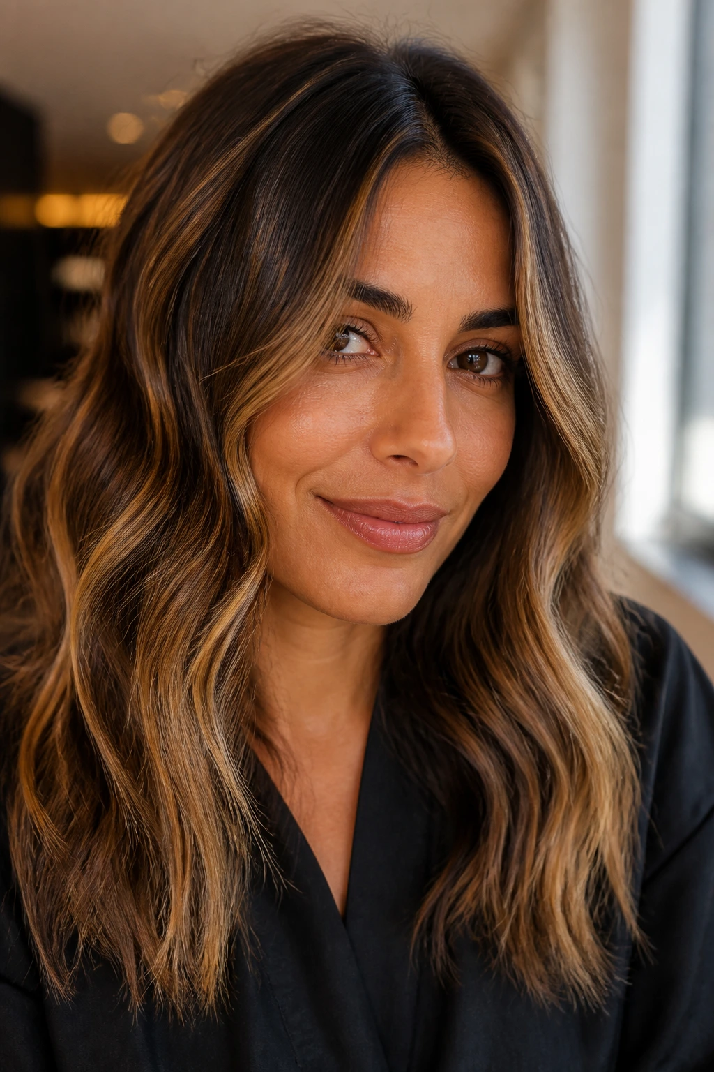 Close-up hair highlights on tan skin in warm salon light