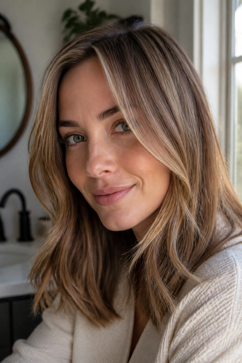 Portrait of a person with soft golden brown blonde highlights in warm window light.