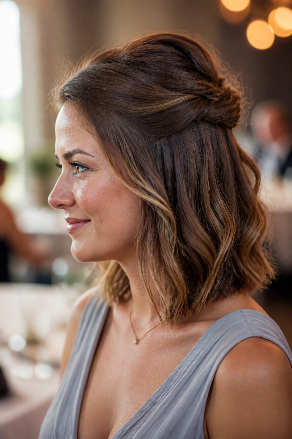 Close-up of a real woman with shoulder-length hair styled for all-day hold