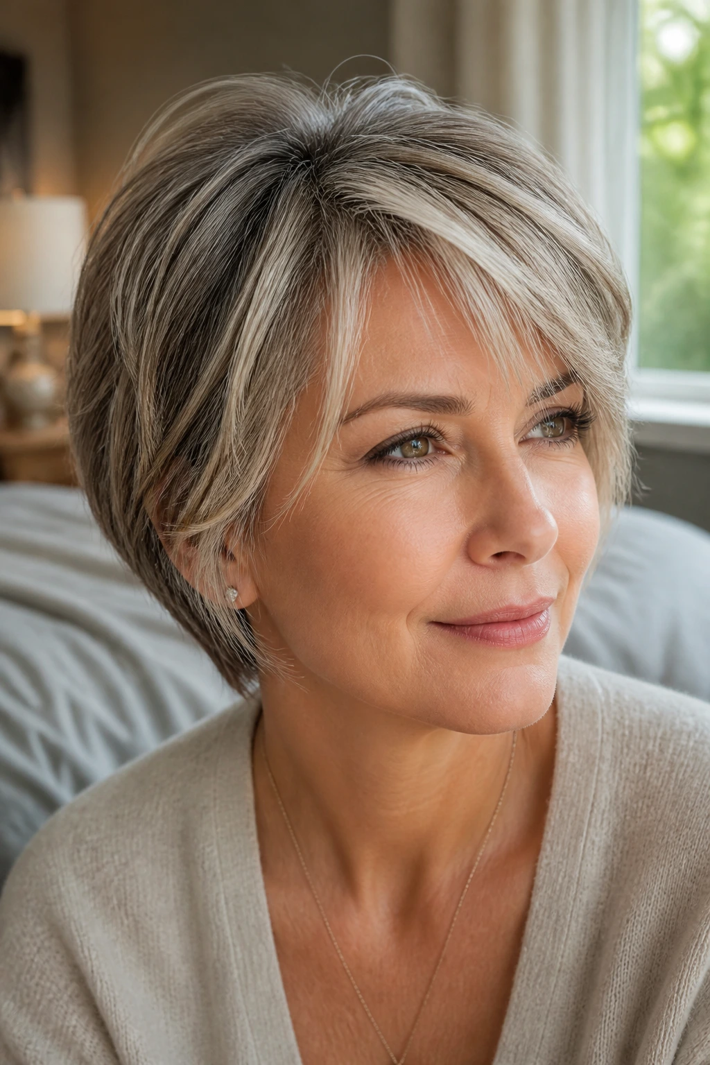 Real woman with layered haircut and soft babylights in natural daylight.