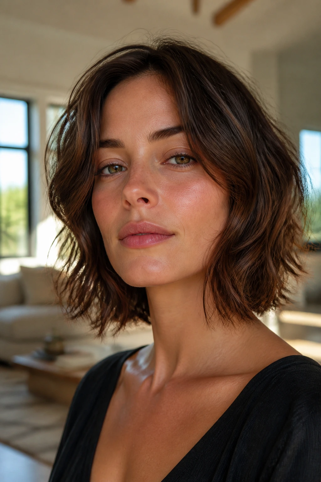 Woman with collarbone-length wavy hair illustrating how length changes the look.