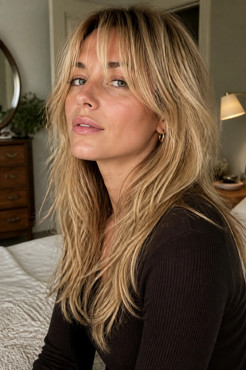 Home setting portrait of a real woman with defined long shag