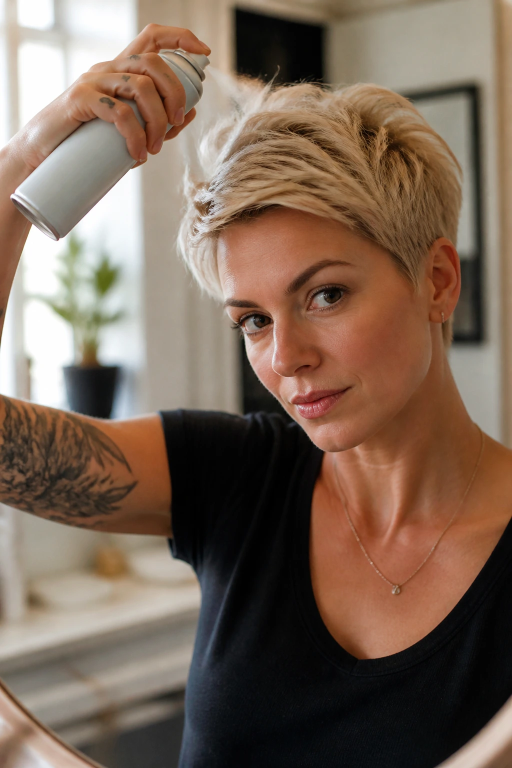 Woman applying dry shampoo at roots of pixie cut