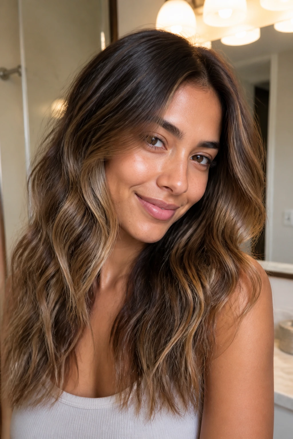Portrait of a person with well-maintained warm-toned hair and soft waves