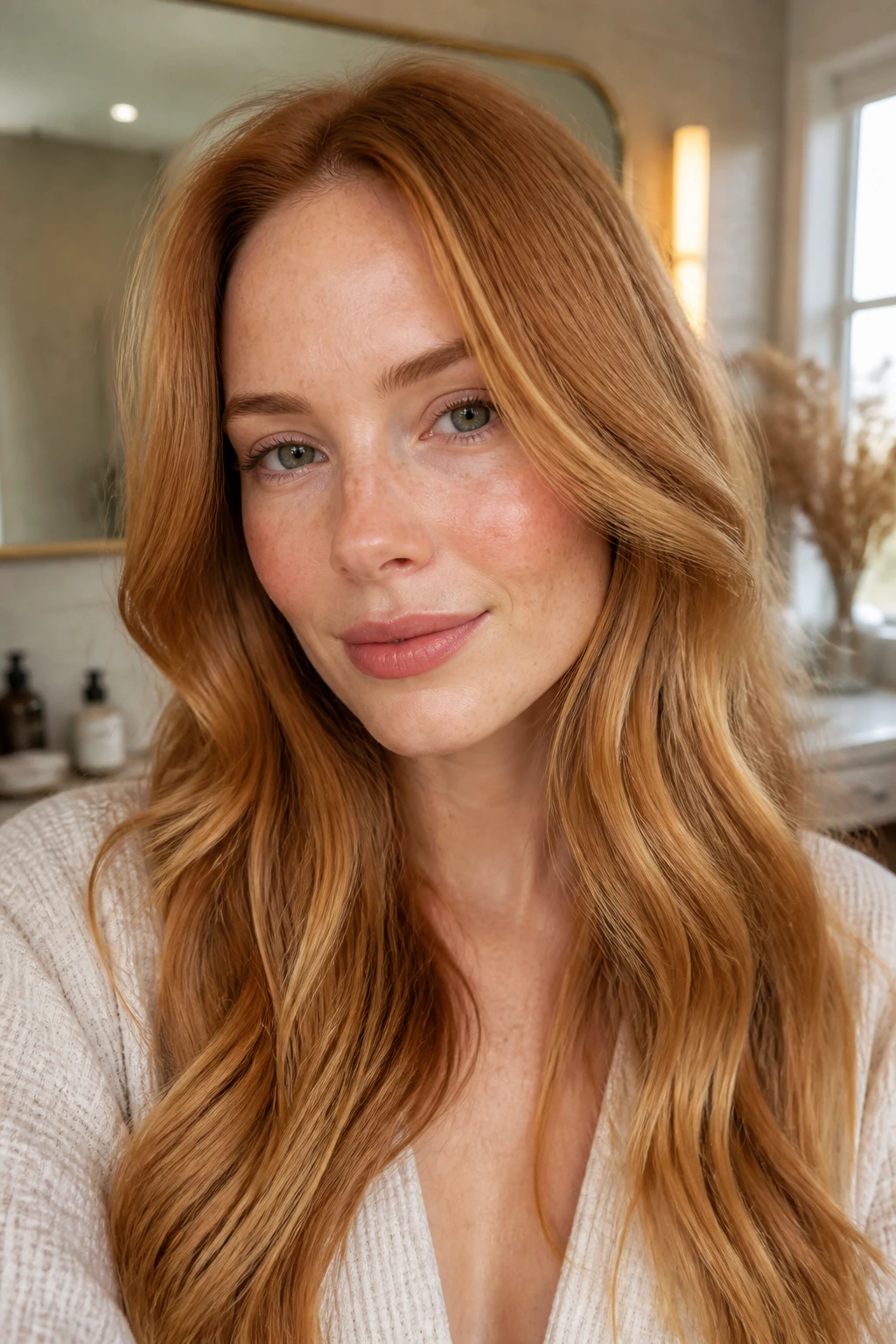 Close-up of a real woman with glossy strawberry blonde hair in a warm bathroom