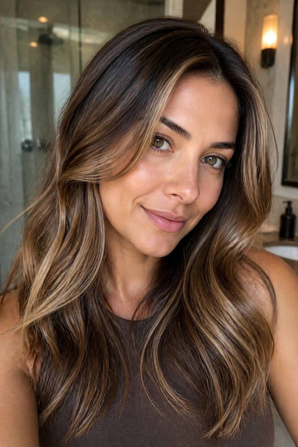 Close-up of a real woman with glossy brown-blonde hair in a bathroom