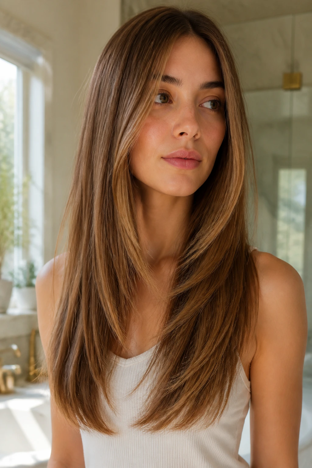 Close-up of a woman's long hair with a defined hem kept fresh between trims