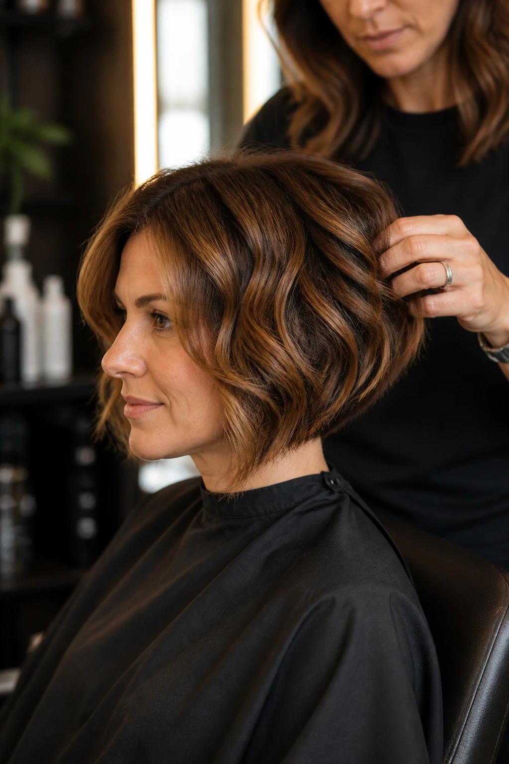 Portrait of a woman during a salon maintenance trim discussion