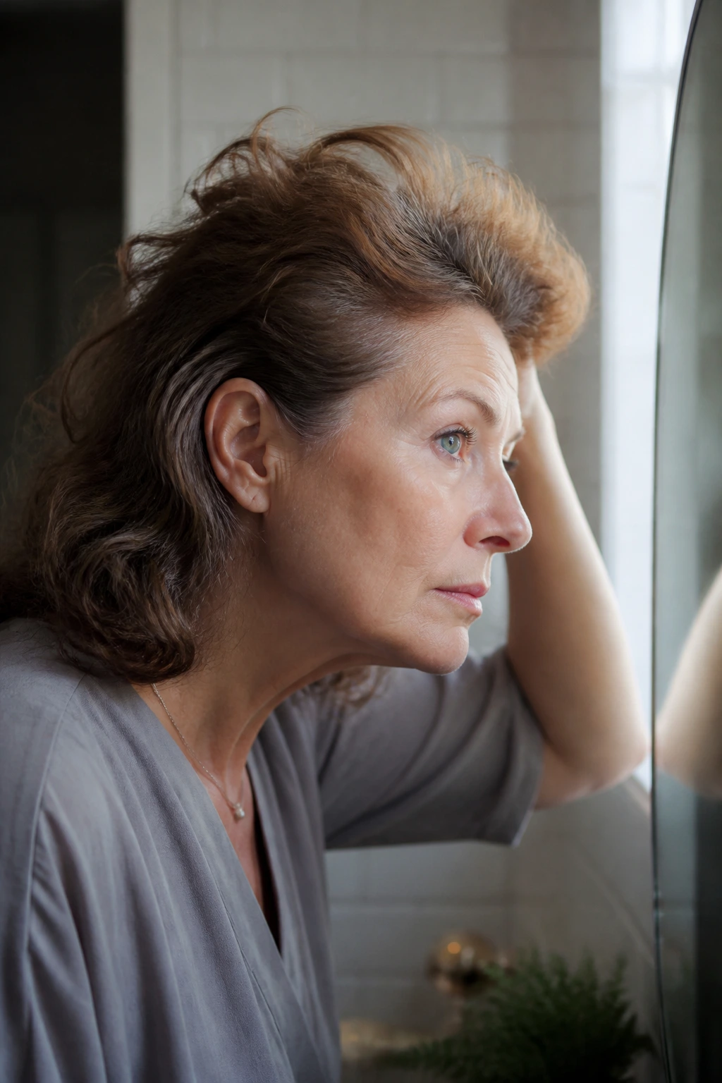 Profile view of hair puffing at crown and flattening sides in bathroom mirror