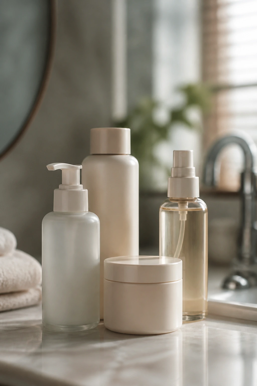 Close-up of label-free hair care bottles on a counter.
