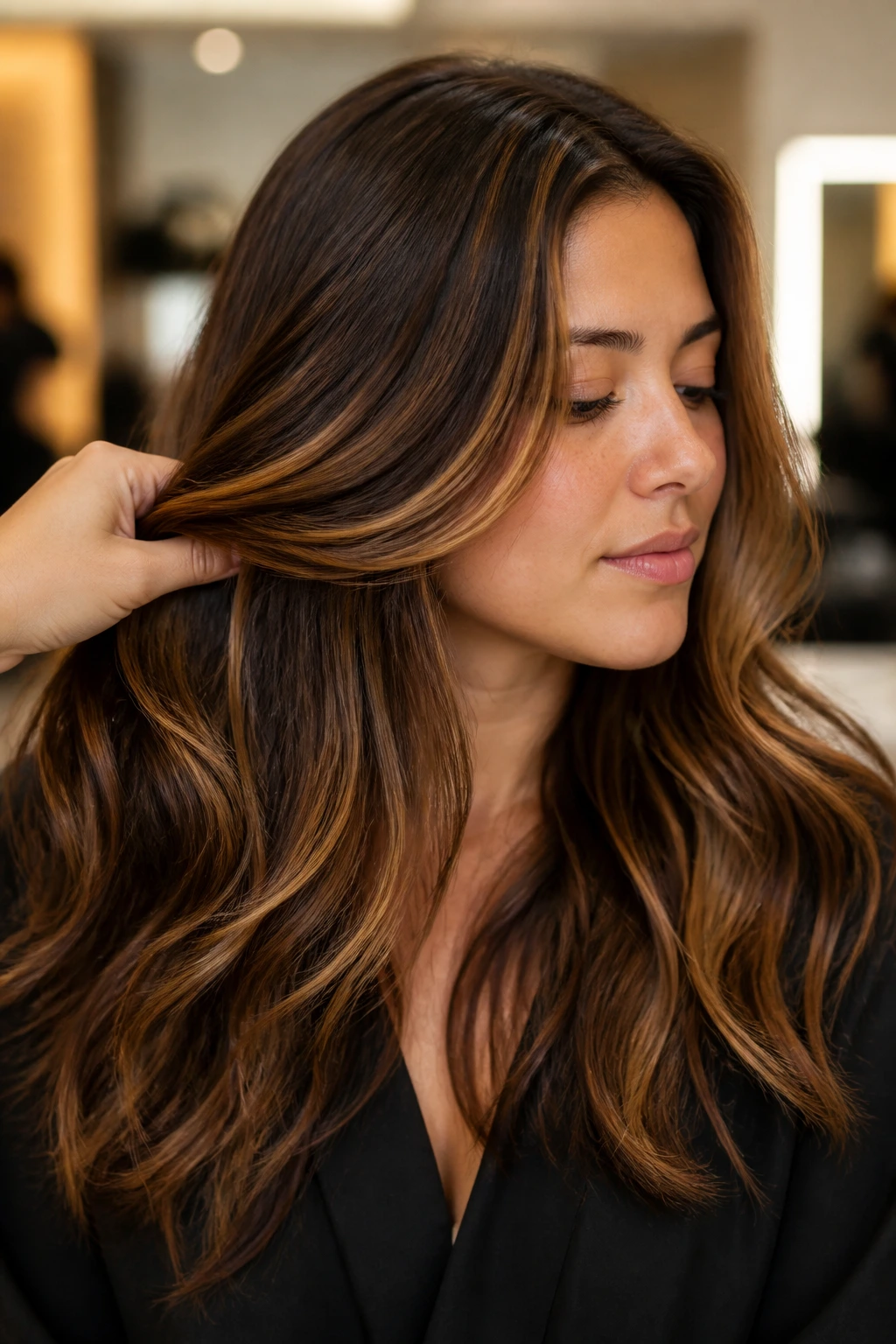 Portrait showing chestnut caramel placement with crown ribbons and underlayers