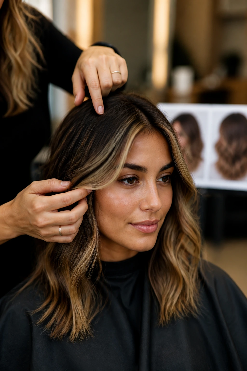 Portrait of a client in a salon chair during a placement consultation for layered highlights.