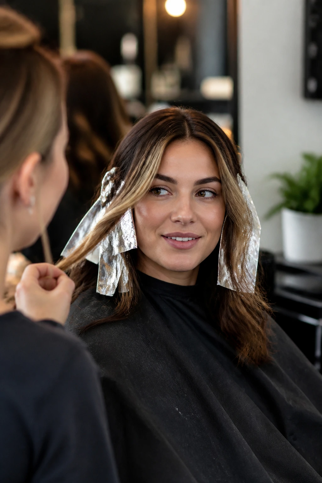 Real person discussing hair highlight placement to avoid stripey results