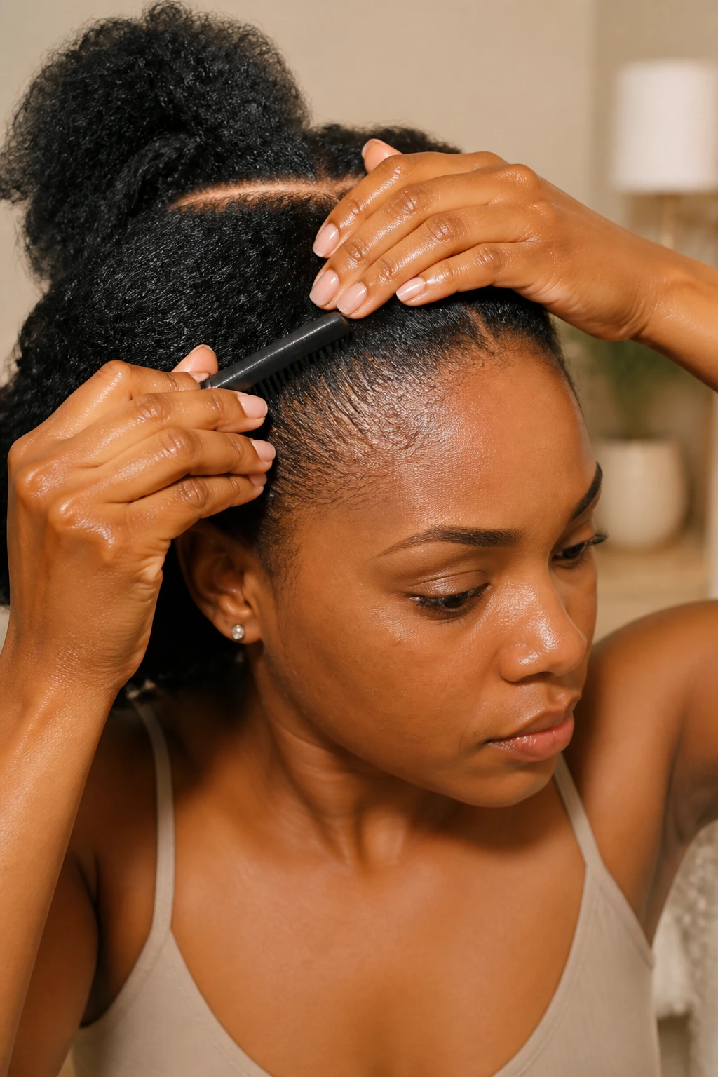 Hands detangling and smoothing the crown area of a real person in preparation for a crown braid