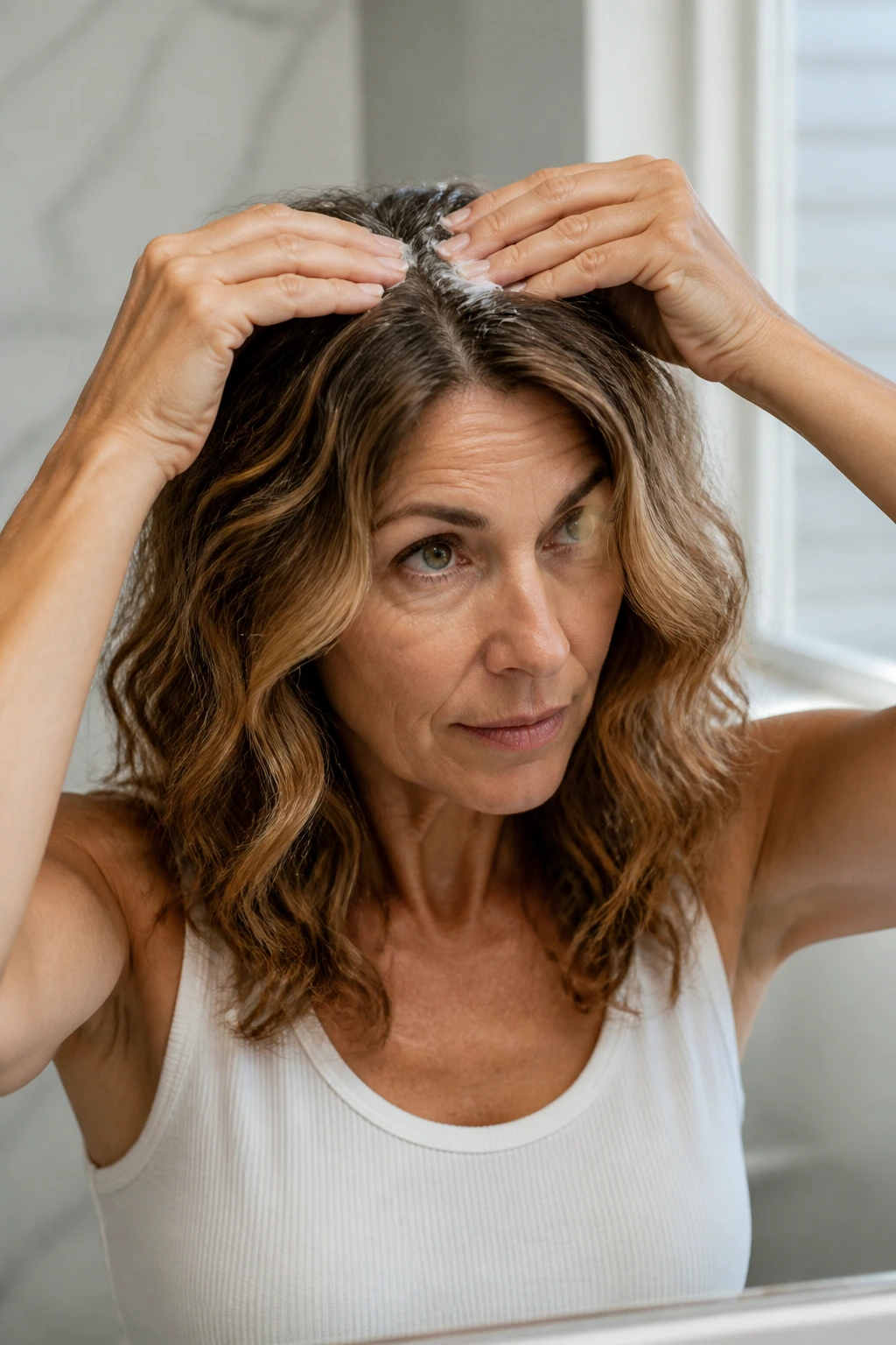 Woman applying product to crown prepping wavy hair