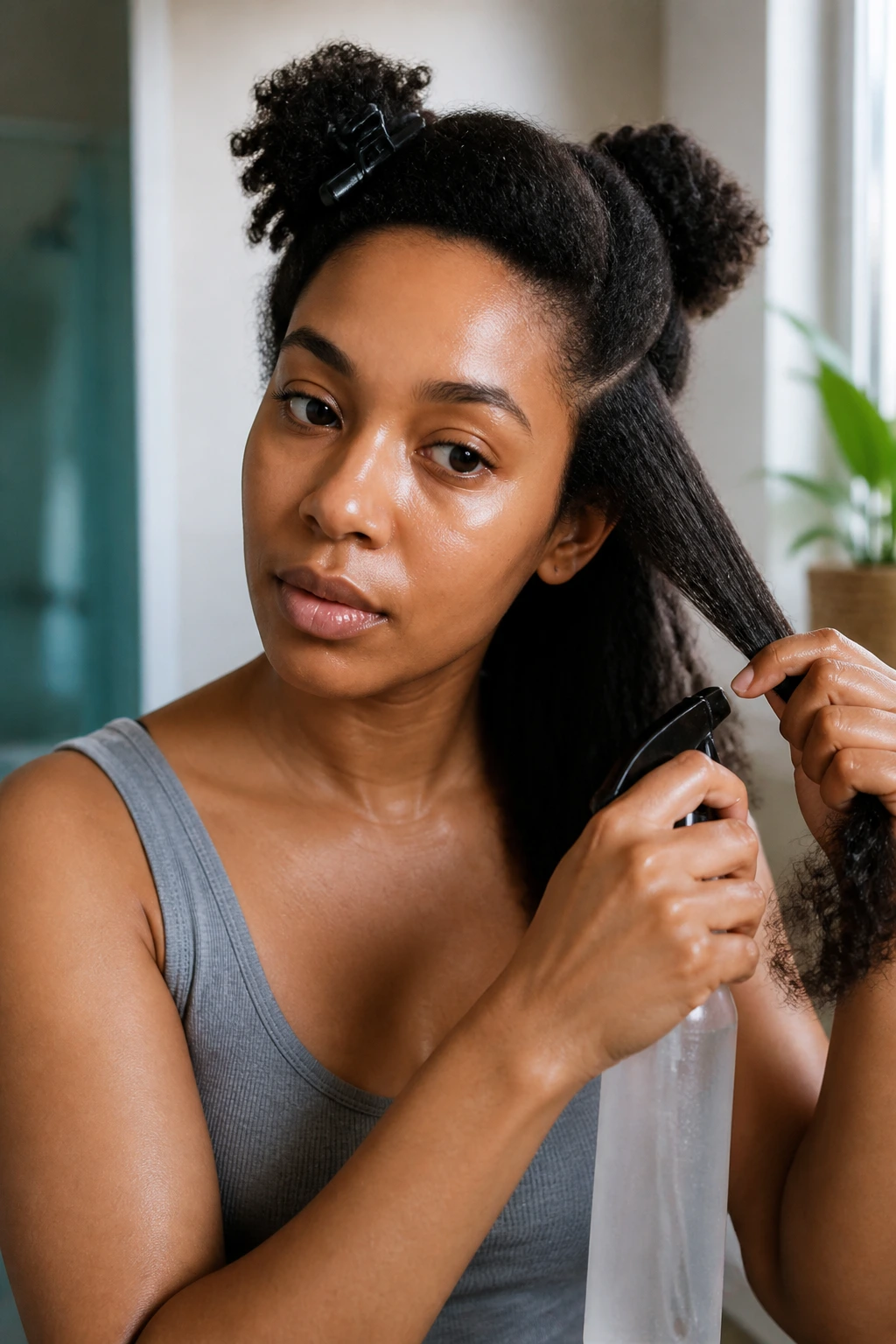 Close-up of detangling and sectioning hair on a real Black woman in a bathroom