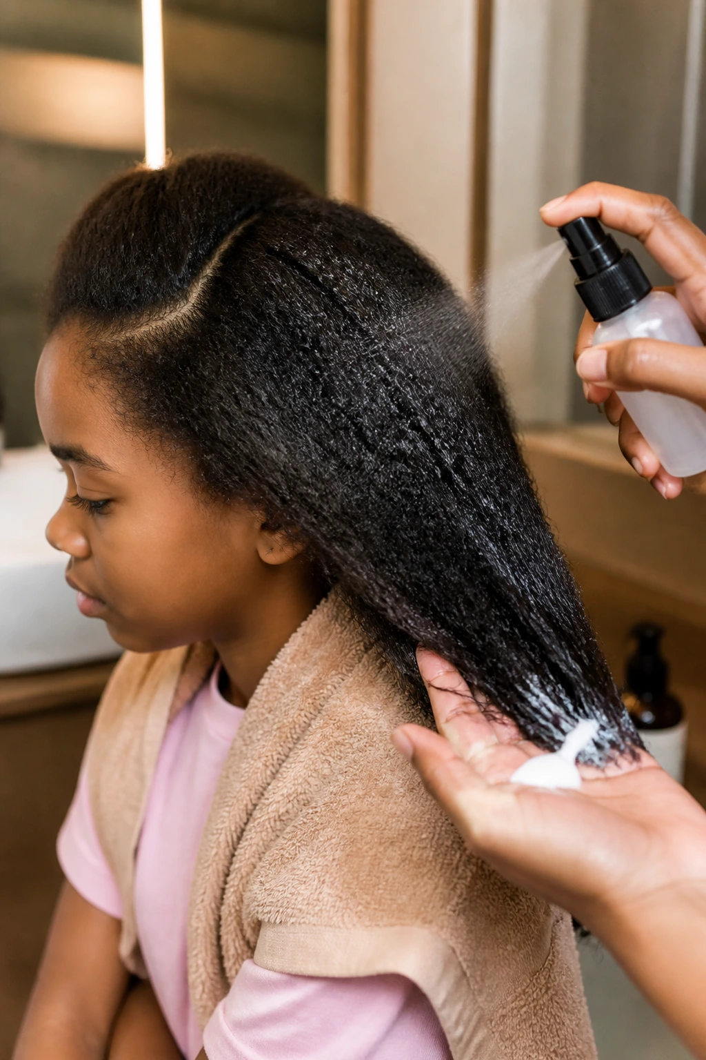 Side-profile close-up of a real child getting hair misted during prep for a fishtail braid
