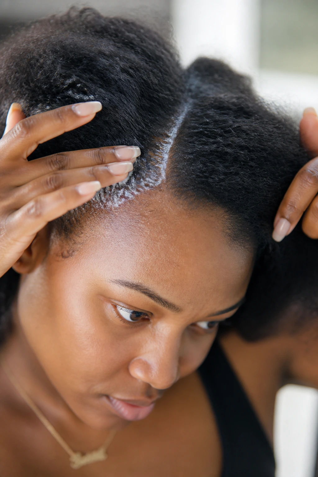 Close-up of a real person applying leave-in conditioner to natural hair at the scalp.