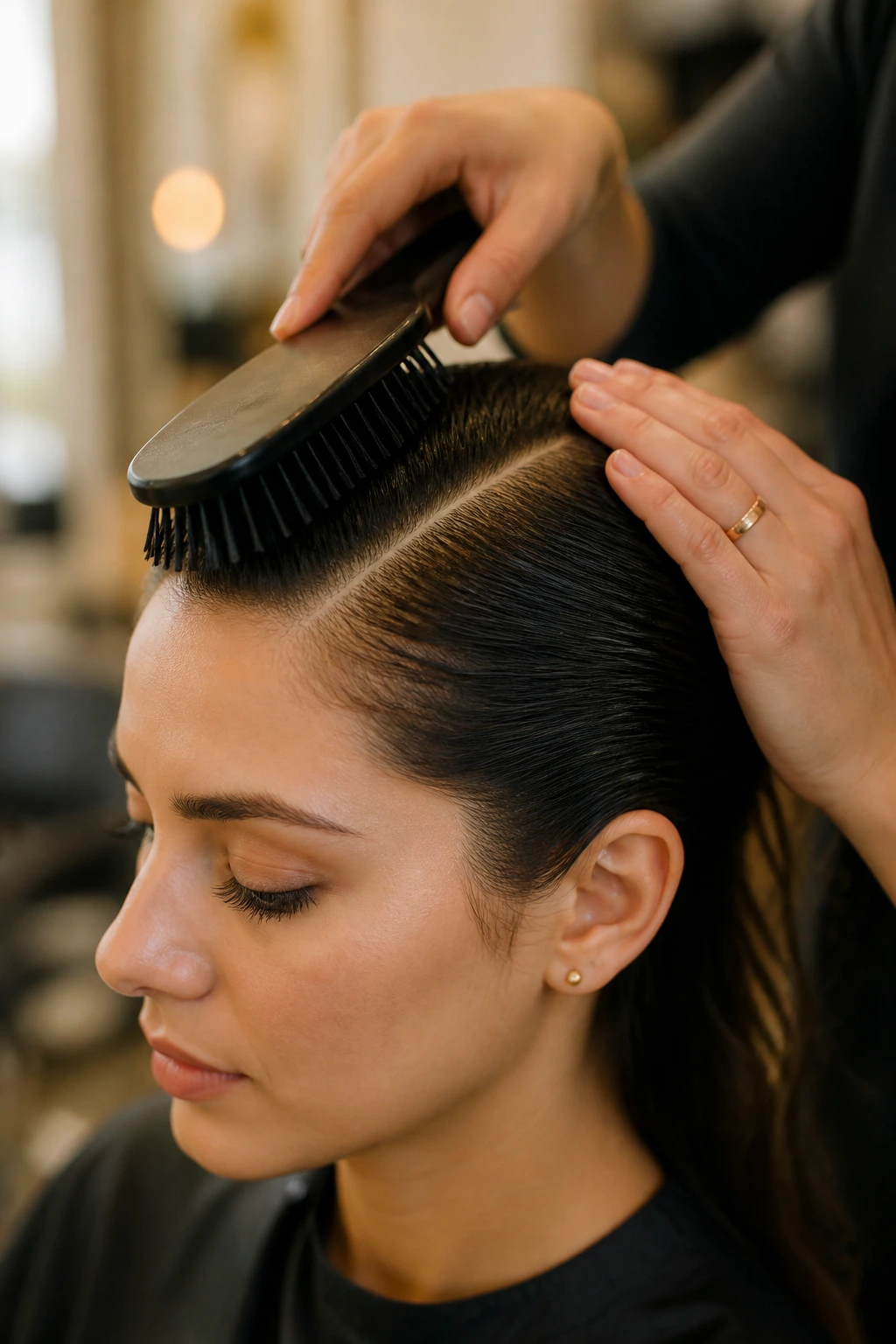 Close-up of hair being prepped before styling on a real person