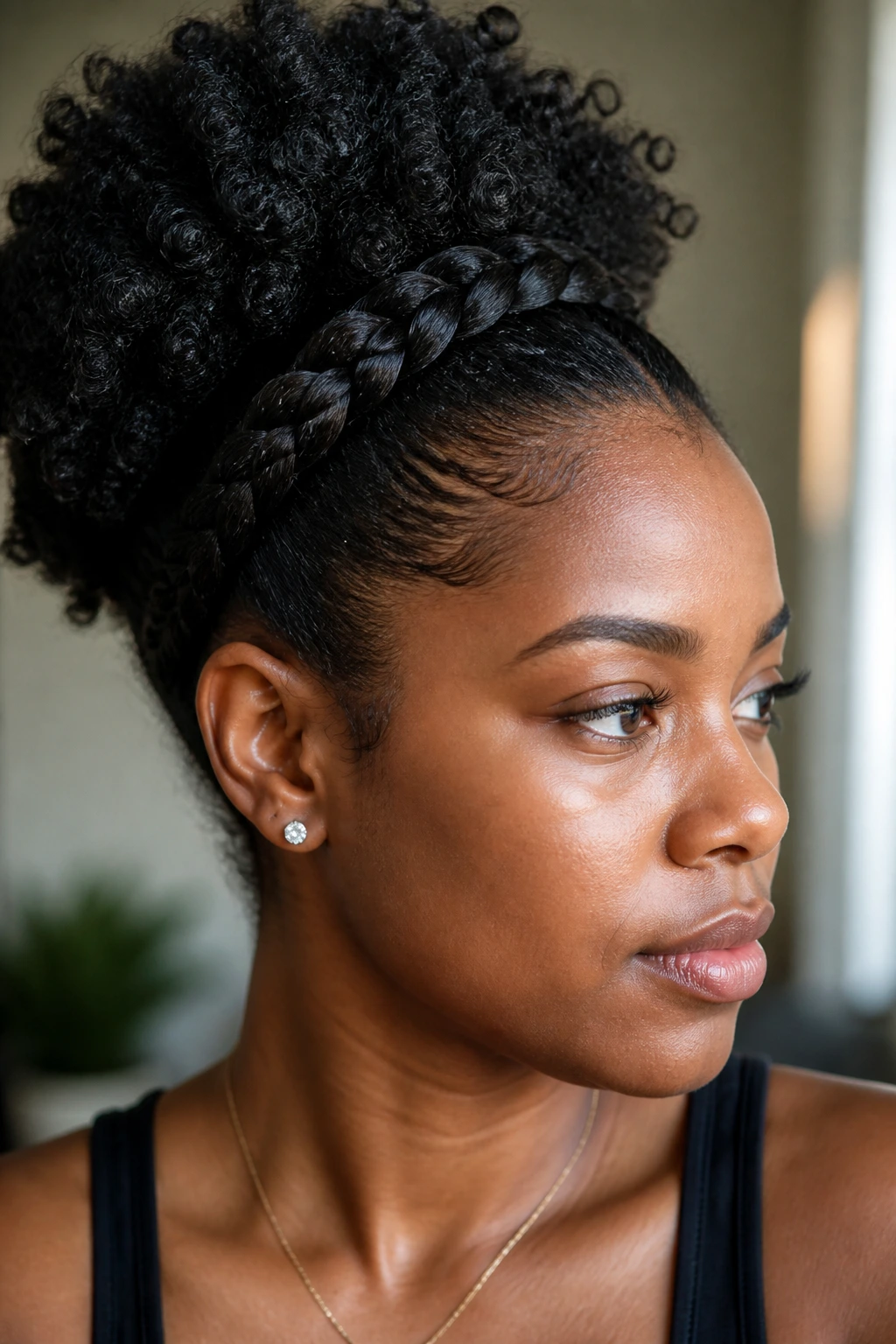 Front hair smoothed with light product for a braided headband