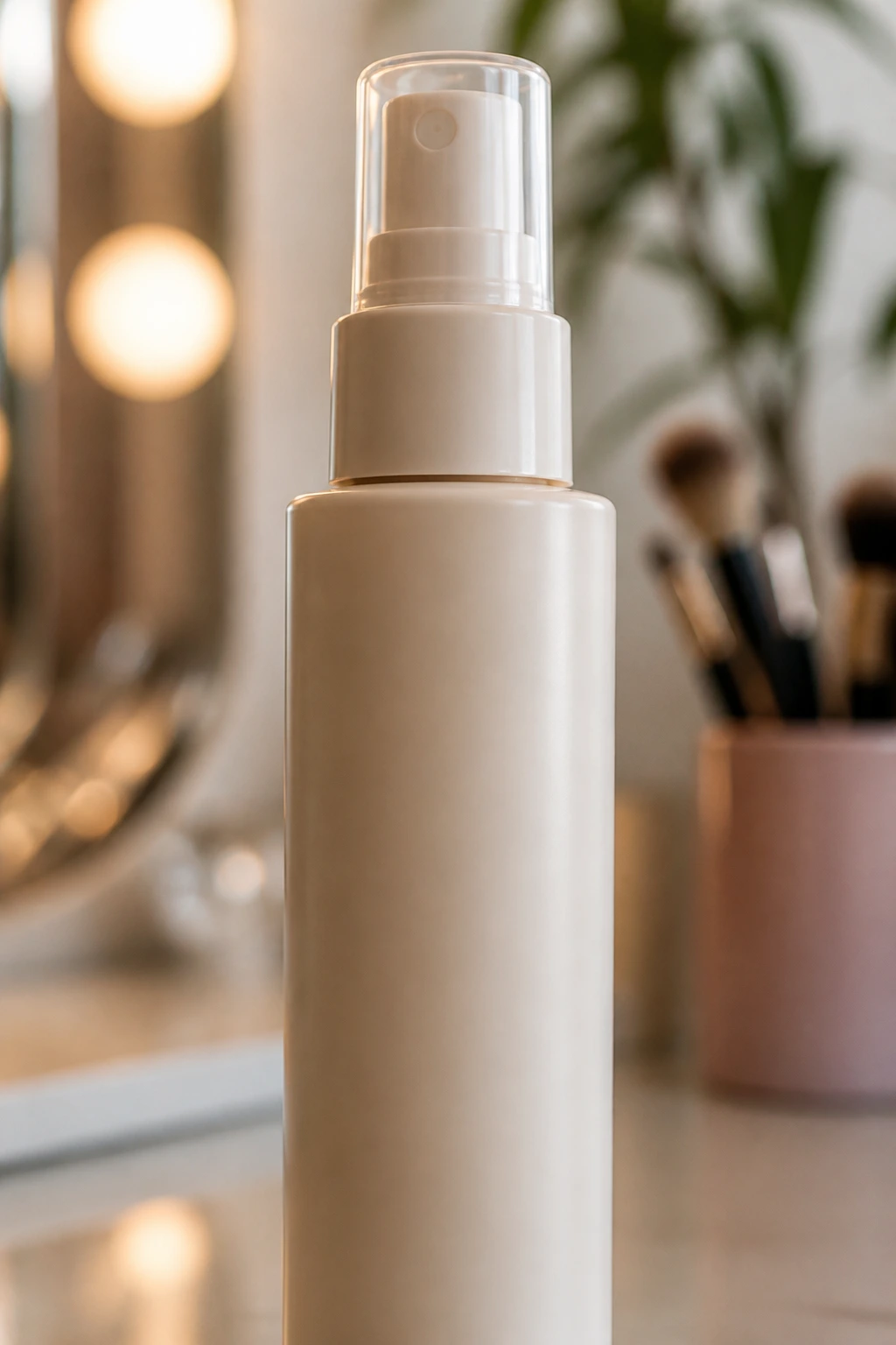 Unlabeled hair product bottle on a vanity