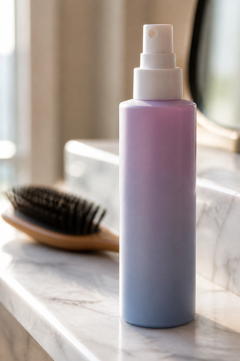 Unlabeled spray bottle on marble counter with soft focus background